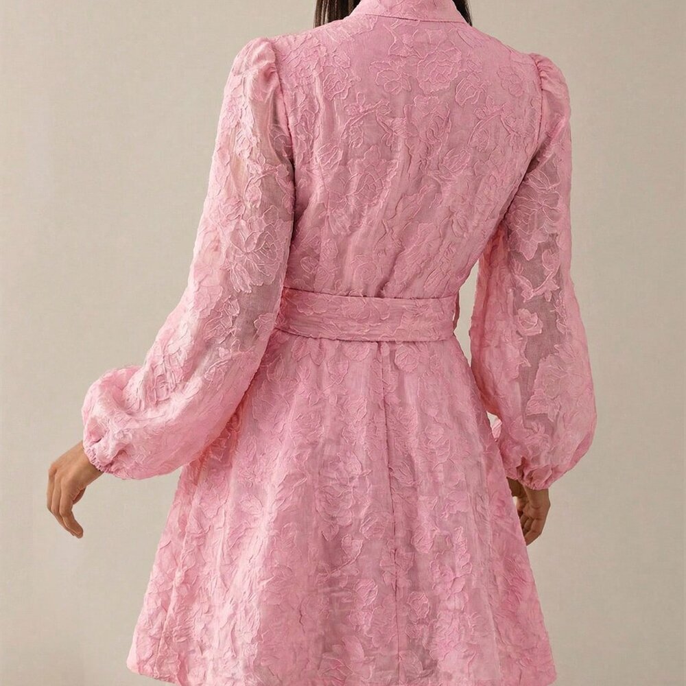 Pink Elegant Women's A-Line Short Dress with Cinched Waist, Puff Sleeves - Picture 2 of 7